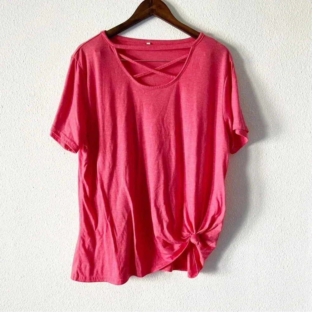 Pink Cross Front Tee 2XL Casual Short Sleeve Everyday Spring Summer Cotton